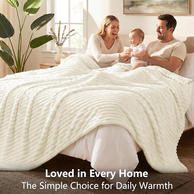 Cream White Blankets Queen Size for Bed, 90 x 90 Inch | 300GSM Ribbed Fleece Blanket, Soft, Cozy & Lightweight, OEKO-TEX Certified, All-Season for Bedrooms, Guest Rooms & Gifting