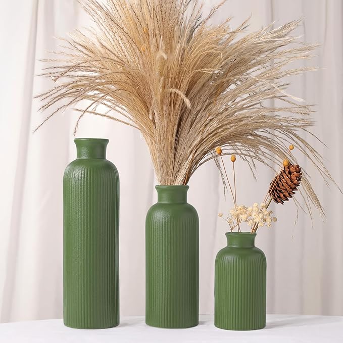 Small Sage Green Ceramic Vase Set of 3, Boho Modern Flower Vase Room Decor, Farmhouse Decor, Vases for Your Kitchen, Bathroom, Bedroom, Living Room, Office&Shelf Centerpiece Table Decorations