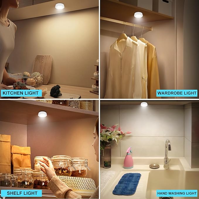 Wireless LED Puck Lights, Touch Activated Tap Ligh Push Light, Battery Operated Stick On Lights for Under Cabinet, Kitchen, Closet & Counters, 3-Pack, White (Included 3AAA Batteries)