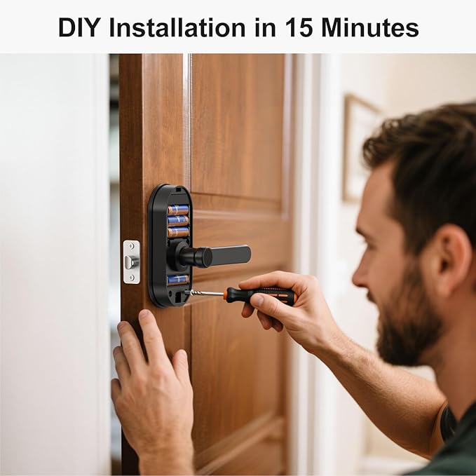 Smart WiFi Door Lock with Handle: SMONET Keyless Entry Lock with Fingerprint for Front Door Anti-peep Keypad Compatible with Alexa