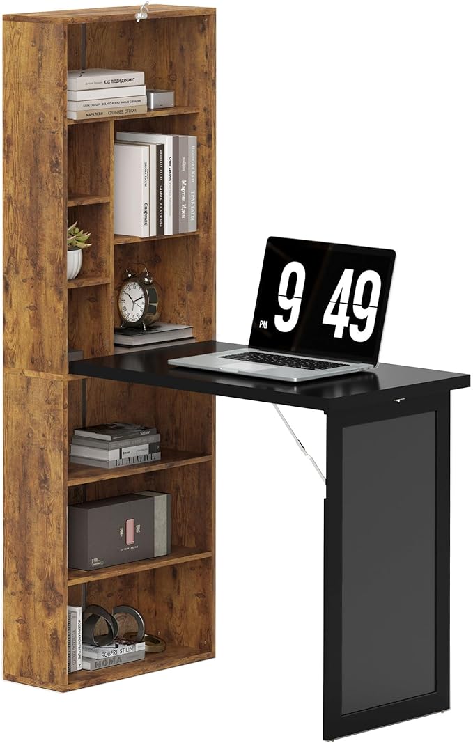 HOMCOM Foldable Desk Wall Mounted Convertible Table, Rustic Brown | Wall Mounted, Space-Saving, Chalkboard, Storage Shelves, for Small Spaces, Home Office, Bedroom, Dorm, Apartment