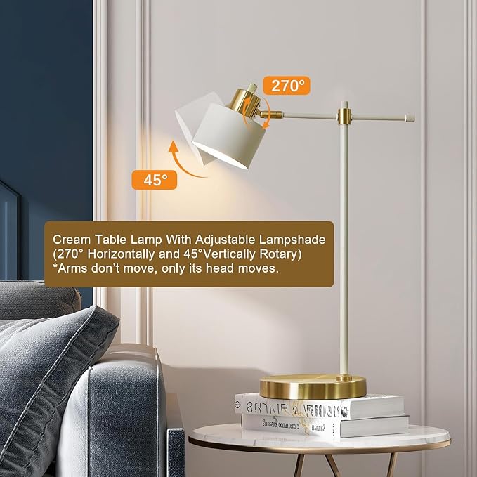 OYEARS Modern Industrial Desk Lamp for Reading LED 22.2“ Metal Table Lamp Light for Office Bedroom Study Room Living Room Nightstand Bedside Lamps Gold and Matte Cream Accent (Cream, Bulb Included)