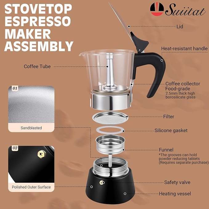 4 Cup 200ml Glass Moka Pot, Stovetop Espresso Maker, Black | Crystal Glass-top & Stainless Steel Coffee Maker, Induction Compatible, for Greca de Cafe, Cuban and Italian Coffee Brewing