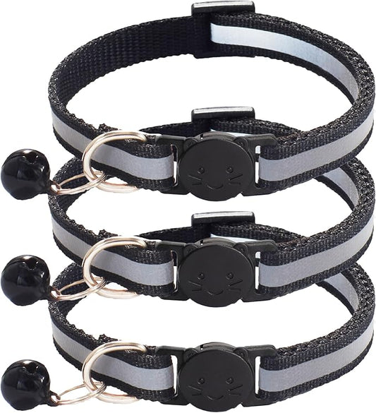 3 Pack Reflective and Breakaway Cat Collars with Bells，Adjustable Kitten Collars from 7.5 to 12.5 Inches, Ideal of Kitten Collar, Suitable for Girls and Boys (Black)