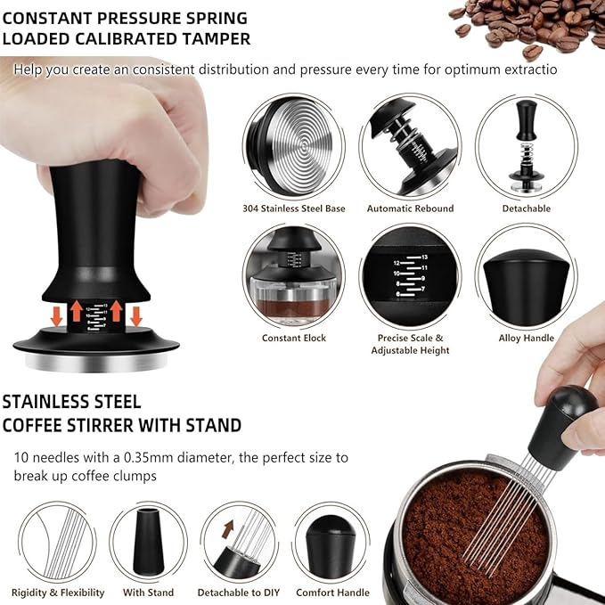 51mm Espresso Accessories 10 PCS - WDT Tool Kit， Coffee Tamper with Wood Espresso Tamping Station， Frothing Pitcher, Distributor, Stirrer, Dosing Funnel, Brush, Puck Screen， Latte Art Pen