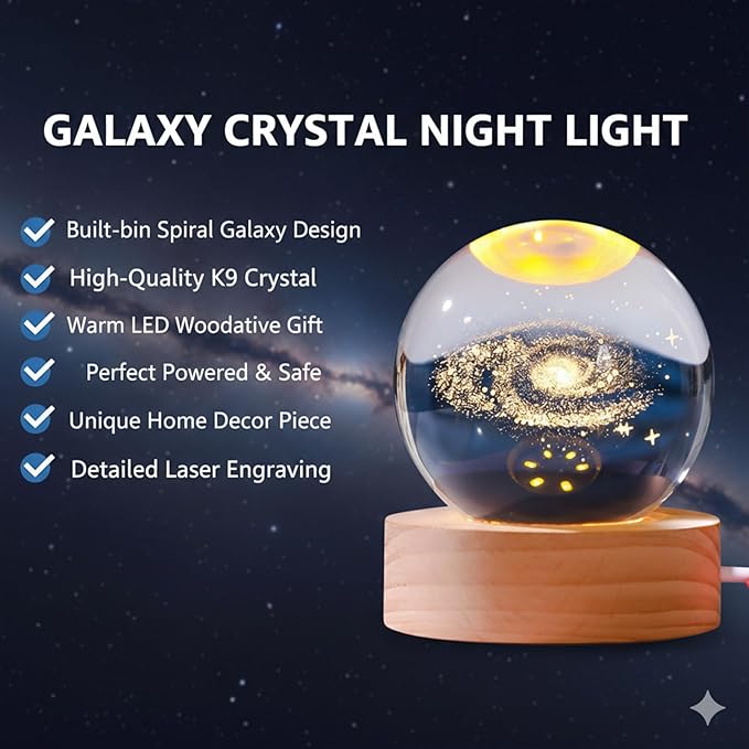 Happyhaves Calming Stellar Spheres Crystal Ball Night Light with Wooden Base, 3D Moon and Galaxy Lamp, Planet Sphere Calming Light for Bedroom Decor and Space Gifts (Solar System)