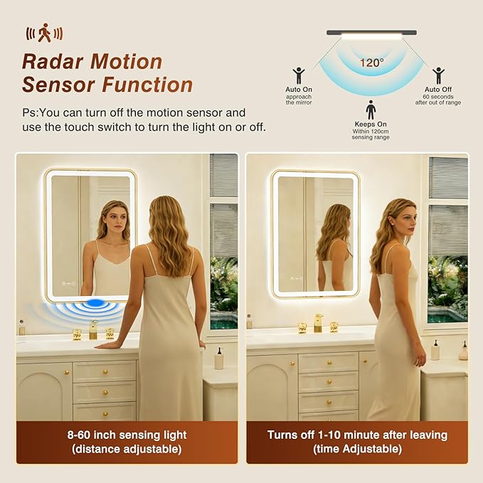 20x28 Inch Gold Framed LED Bathroom Mirror with Lights,Smart Bathroom Mirror,Motion Sensor,Anti-Fog,Stepless Dimmable & 3 Colors,Memory,Vanity Mirror for Wall