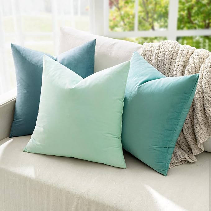 MIULEE Velvet Throw Pillow Covers 18x18 Inch Pack of 2 Aqua Green | Soft Solid Decorative Pillow Covers, Modern Luxury Home Decor, for Couch Chair Sofa Bedroom Livingroom