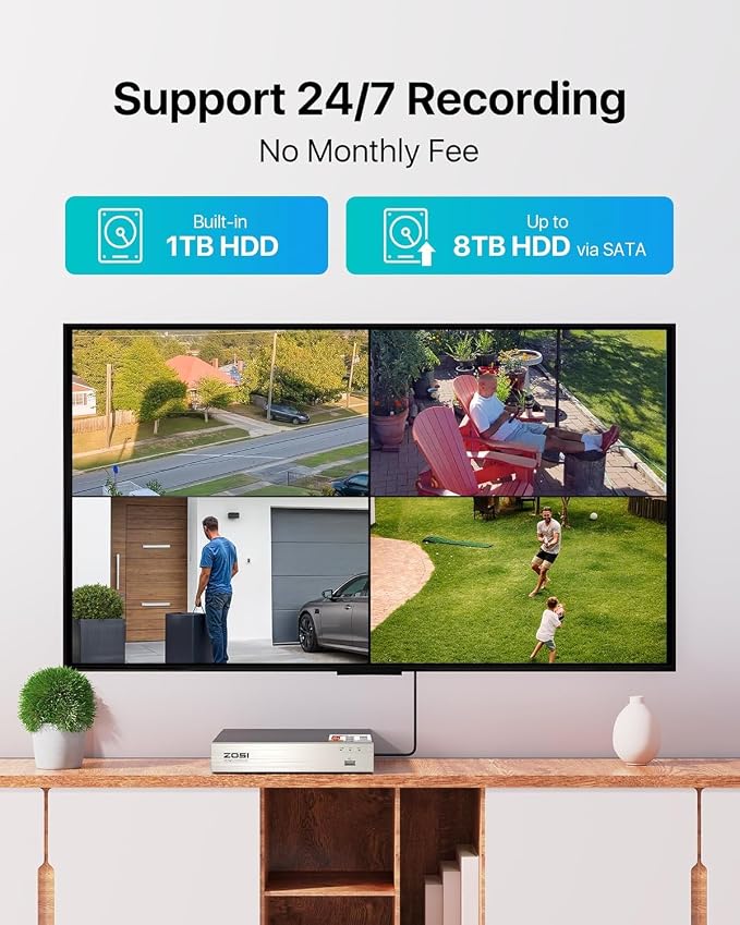 ZOSI 3K Lite Security Camera System with 1TB Hard Drive,AI Human/Vehicle Detection,Night Vision,H.265+ 8Channel HD TVI DVR Recorder,4pcs 1080P HD 1920TVL Indoor Outdoor Surveillance CCTV Dome Cameras