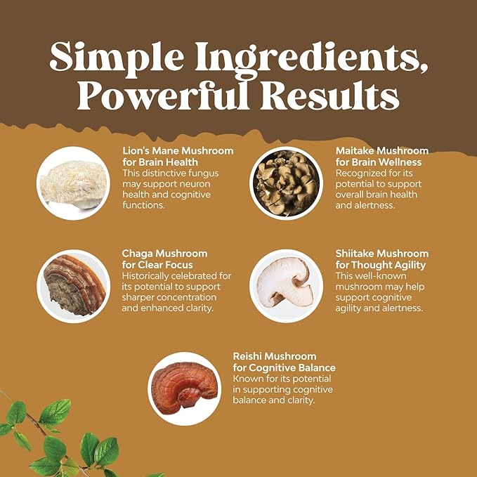 Advanced Lion's Mane Mushroom Supplement - Lions Mane Supplement Capsules with Reishi, Chaga , Maitake & Shiitake for Brain Health, Memory Support & Focus - Nootropic for Mental Clarity - 30 Caps