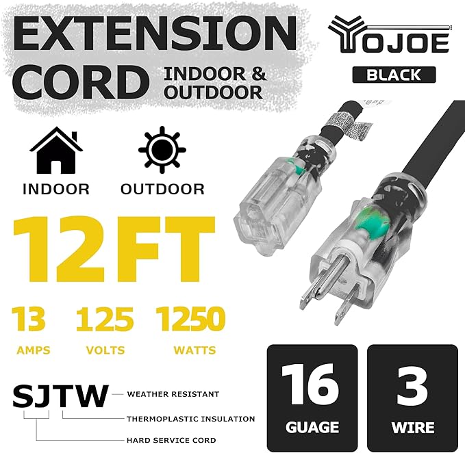 YOJOE Indoor Outdoor Extension Cord with Lighted End, 3 Prong 13A Weatherproof Power Cord, 16 Gauge Heavy Duty 12 ft Black Extension Cord for Garage, Garden and Home, 16/3 SJTW UL Listed
