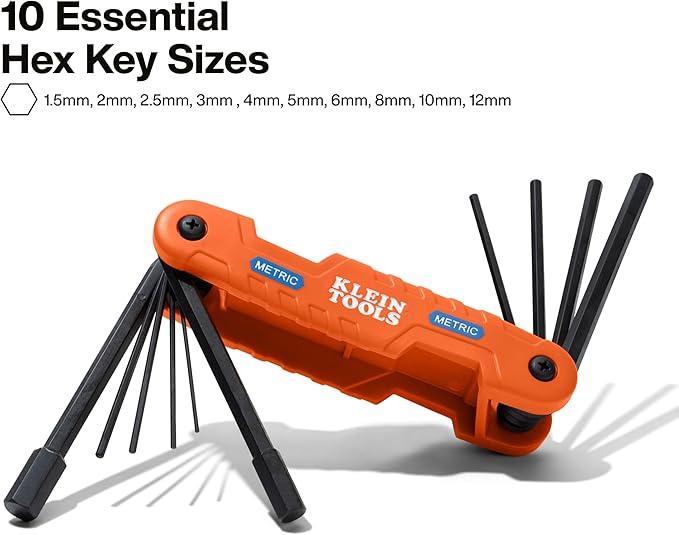 Klein Tools 70550M Pro Folding Hex Key Set, 10-Key Metric Sizes 1.5mm to 12mm, Industrial Strength Heat Treated Alloy Steel