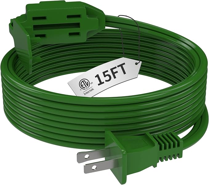 PLUGTUL Indoor Green Extension Cord 15 Feet, 3-Outlet Household Extension Cord, 2 Prong, 16 Gauge, 3 Polarized Outlets with Safety Cap Protect for Home Office, 16/2 SPT-2 ETL Listed