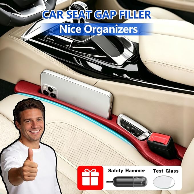 Car Seat Gap Filler Organizer 2Pcs,Car Accessories with Safety Hammer,2 in 1 No Drop Seat Guard with Storage Slot for Phone,Keys,Universal Interior Gap Filler for Cars SUV Truck,Red