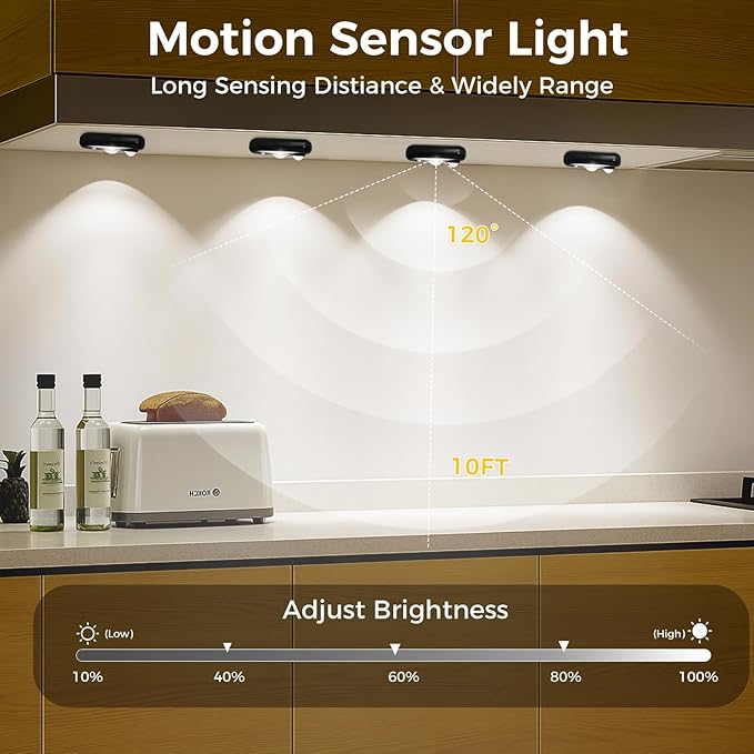 LED Motion Sensor Puck Lights, Small Rechargeable Under Cabinet Light, Dimmable Daylight White Closet Lights, Wireless Under Cabinet Lighting for Drawer, Kitchen (4 Pack, Black)