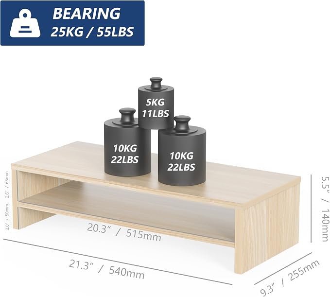 FITUEYES Monitor Stand - 2 Tier Computer Monitor Riser with 21.3 Inch Shelf, Wood Desktop Stand for Laptop Computer Screen, Desk Organization, Office Supplies
