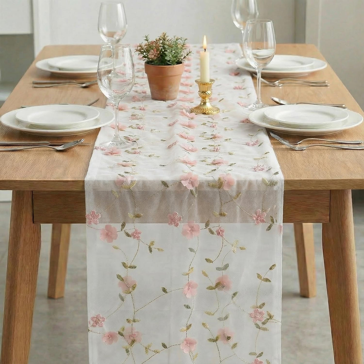 Artoid Mode Pink 3D Flower Gauze Embroidery Table Runner 120 Inch 10FT, Tulle Seasonal Spring Kitchen Dining Holiday Table Decor for Home Party