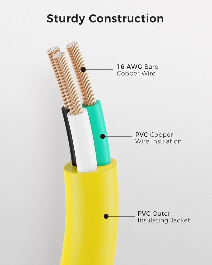 [UL Listed] Cable Matters 2-Pack 16 AWG Heavy Duty 13A Power Extension Cord - 10ft, 3 Prong Power Cord Extension, NEMA 5-15P to NEMA 5-15R, Yellow