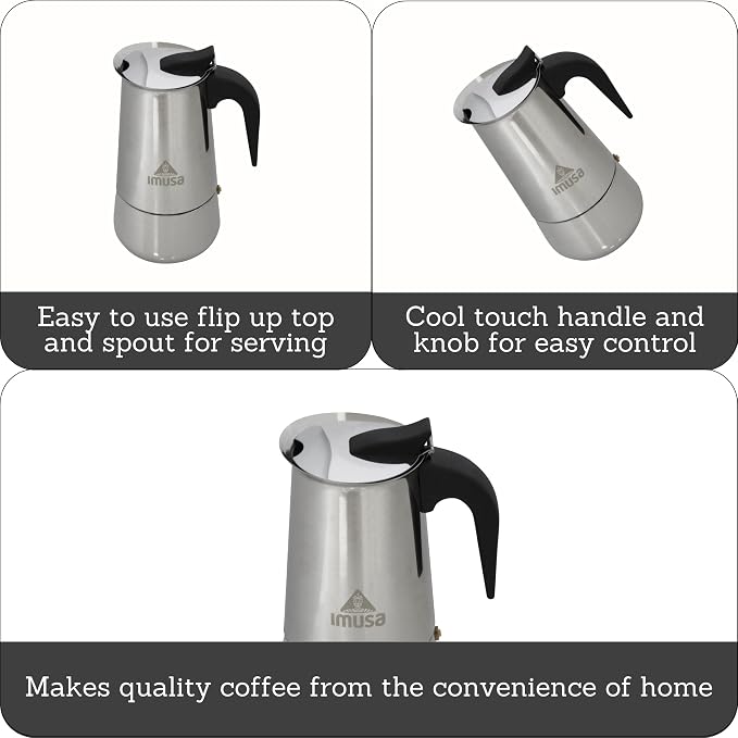 IMUSA USA B120-22062M Stainless Steel Stovetop Espresso Coffeemaker 6-Cup, Silver | Mirror-Polished Finish, Cool-Touch Handle and Flip-Up Top, Works on Gas, Ceramic, And Electric Stovetops