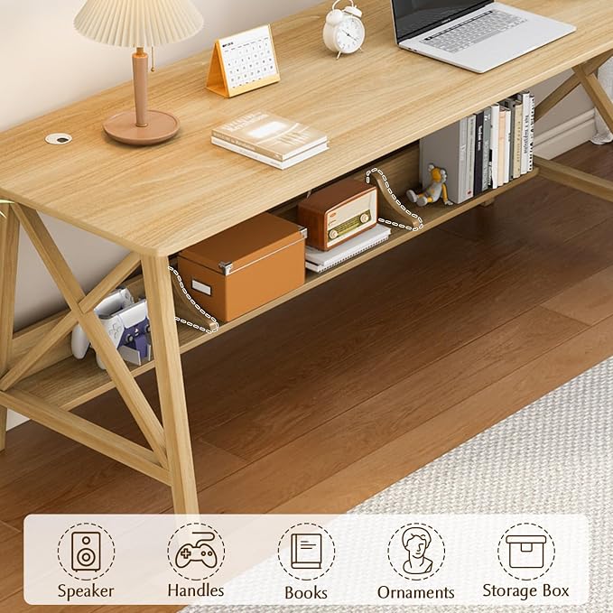 NELYE Extra Long Writing Desk with Bookshelf, 63" Wx20 Dx30 H, Oak | Wooden Home Office Work Study Table, Computer Gaming Workstation with Storage Shelf, Sturdy MDF Resists Wobble