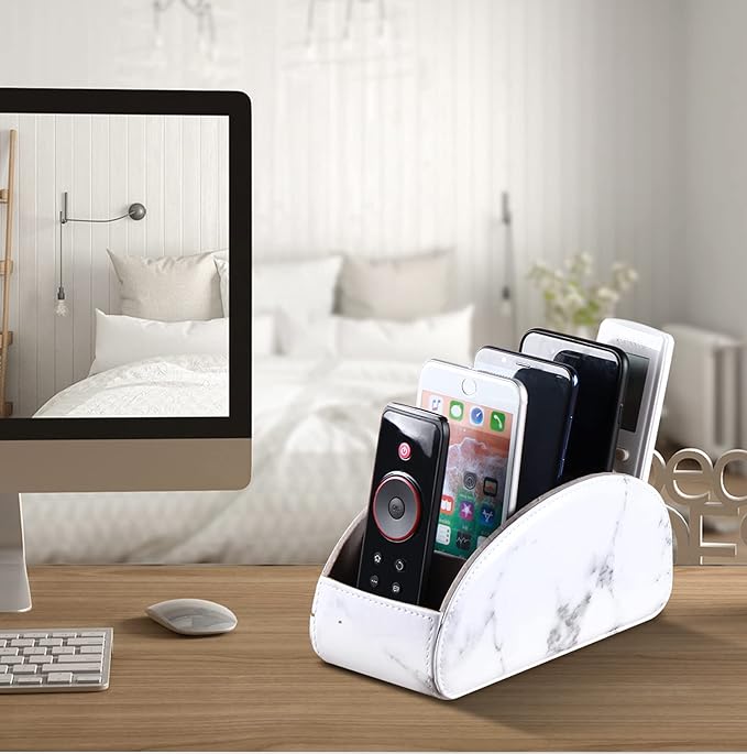 All-in-One Leather White TV Remote Holder with 5 Compartments Nightstand Desktop Media Player Remote Caddy Storage Box Organizer Tray for Mobile Phone Office Stationery