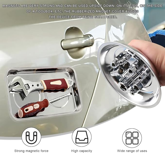 2 PCS Magnetic Parts Tray Set, Stainless Steel 6" Round Magnetic Trays, Mechanic Tool Tray Holder for Screw, Sockets, Bolts, Nuts, Small Metal Parts