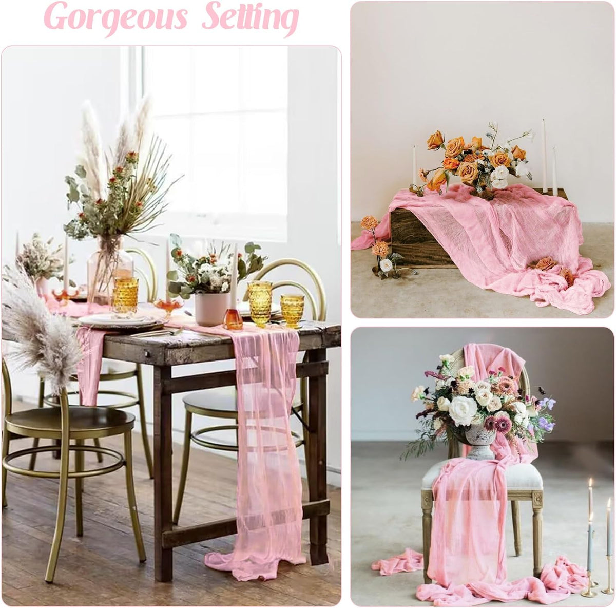 6 Pieces Pink 10FT Cheesecloth Table Runner Boho Gauze Fabric Table Runner Rustic Sheer Runner for Wedding Birthday Baby Shower Party Boho Table Decoration（Pink）