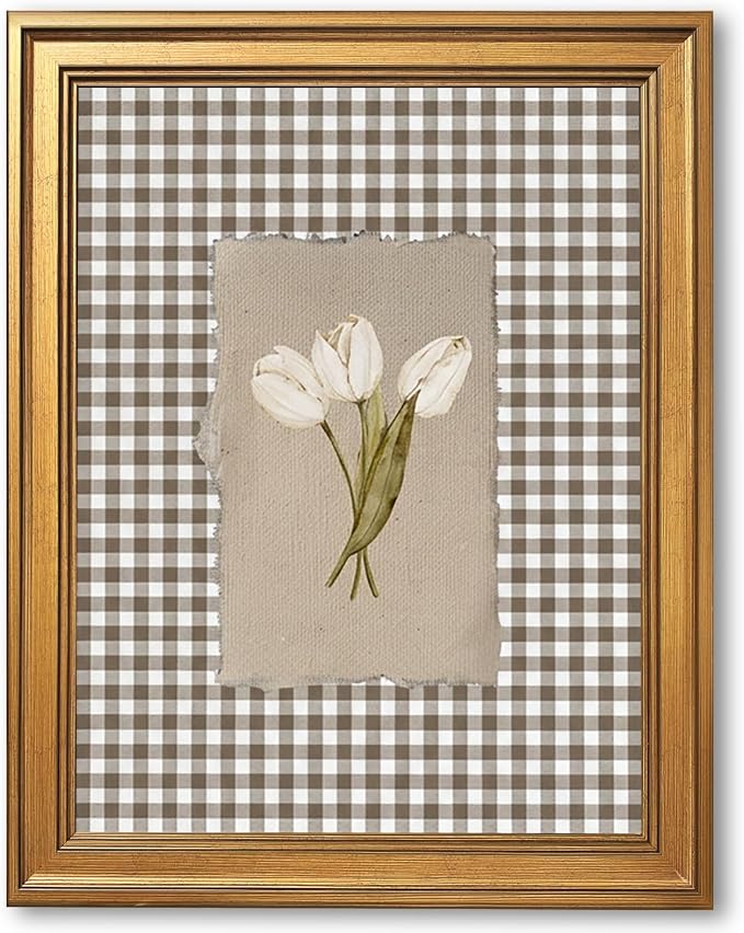 Gold Framed White Tulips Vintage Floral Wall Art Painting Brown Gingham Botanical Print Rustic Farmhouse Flower Picture Poster Neutral Cottagecore Canvas Artwork Aesthetic Country Home Decor 16x24inch