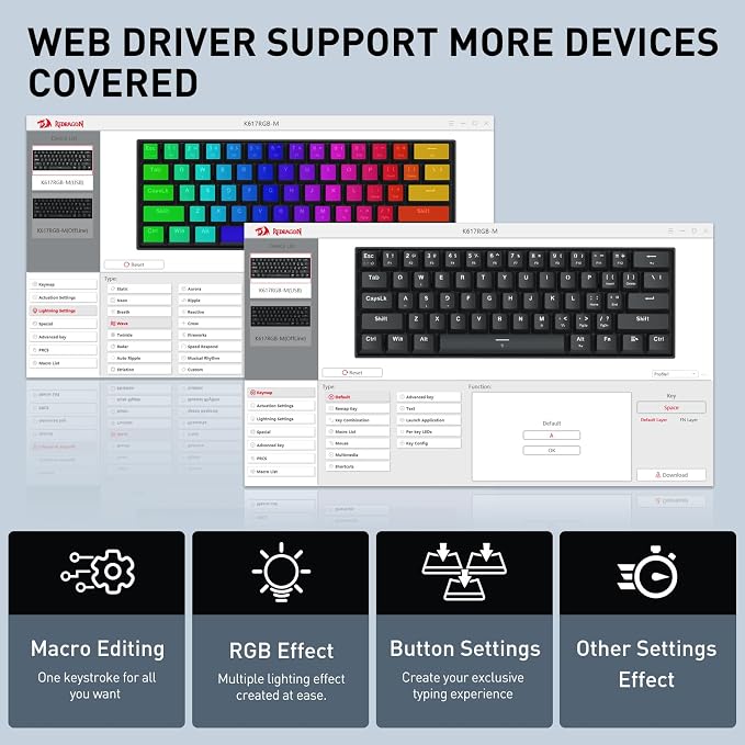 Redragon K617 HE Wired Hall-Effect Rapid Trigger Magnetic Gaming Keyboard | 8K Polling Adjustable Actuation, 61 Keys Design for More Room to Aim, Swap-Ready Socket for Mod, RGB Pro Software Supported