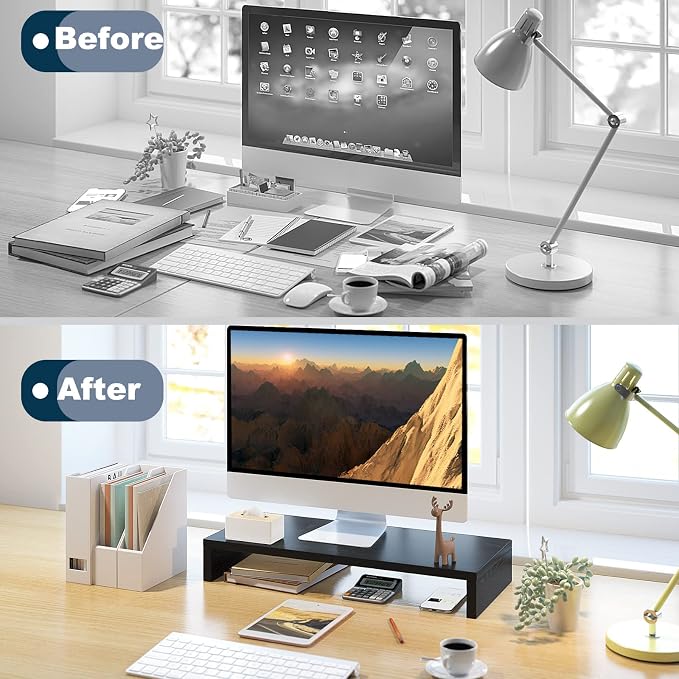 TEAMIX 20 Inch Monitor Stand Riser, Black Desktop Stand for PC/TV/Laptop/Printer, Wood Monitor Riser with Storage, Computer Stand Keyboard Organizer
