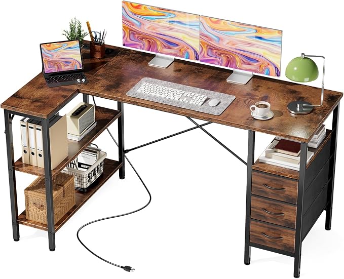 DUMOS L Shaped Desk with Drawers, Gaming Desk, 55 Inch | Power Outlet, Study Table, Adjustable Shelves, Home Office, Corner Computer Workstation, Bedroom, Brown