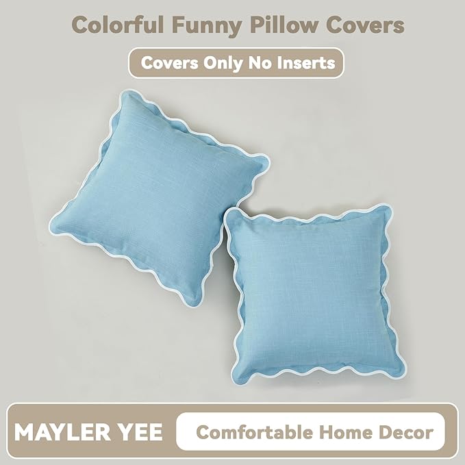 Scalloped Pillow Covers Set of 2 for Living Room | Spring Decorative Sofa Couch Pillows | Boho Sytle Decorative Home | Aesthetic Funky Preppy Pillow Cases (Blue, 16x16 Inch)