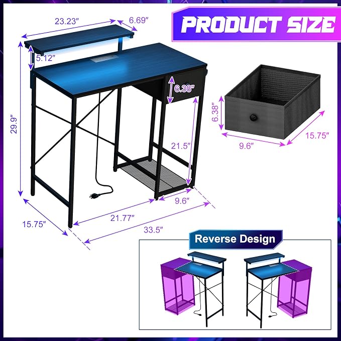 X-cosrack 33.5" Small Gaming Desk with LED Lights & Power Outlets, Compact Computer Desk with Monitor Stand & CPU Stand, Gamer Table with Storage Drawer, Side Hooks for Home Office, Bedroom, Black