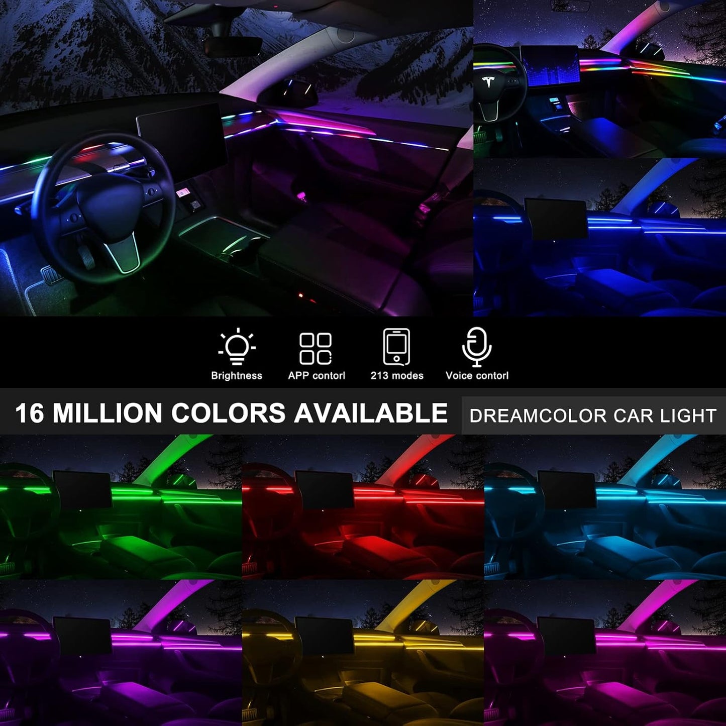 Acrylic Interior Car LED Strip Light with Wireless APP, RGB Dreamcolor 6 in 1 with 175 inches 593 LEDs Fiber Optic Ambient Lighting Kits, 16 Million Colors Sound Active Function Car Neon Lights