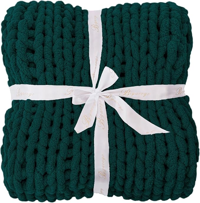 Bigacogo Chunky Knit Throw Blanket for Couch, 51x63 inches, Dark Green | Hand Knit with Jumbo Chenille, Soft Breathable Cable Knit for Sofa Bed Living Room, Machine Washable, Gift for Mom Friend