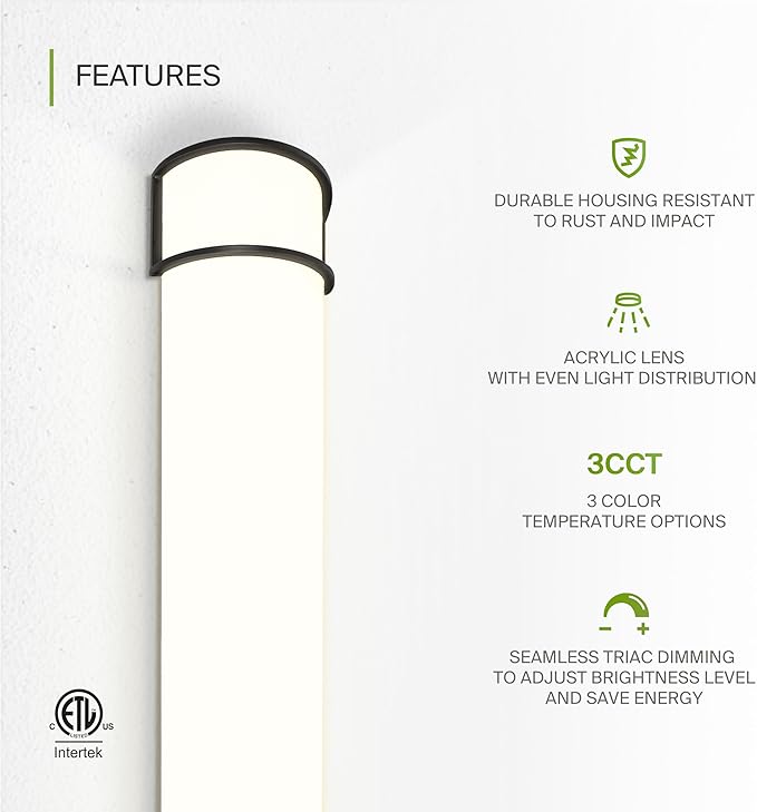 ASD LED 48" Vanity Flush Mount Light Fixture, Linear Bathroom Lighting Bar | 3CCT, Dimmable, Energy Star, ETL Listed | 35W 3200LM 3000-5000K 120V | Long Tube Bath Wall Sconce Over Mirror | Black