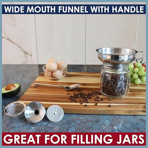 KEISSCO Stainless Steel 4-Piece Funnel and Strainer Set - Canning Funnel for Wide and Regular Mason Jars, Transferring Oils, Liquid, Fluid, Dry Ingredients & Powder, Wide & Narrow Mouth with Filter