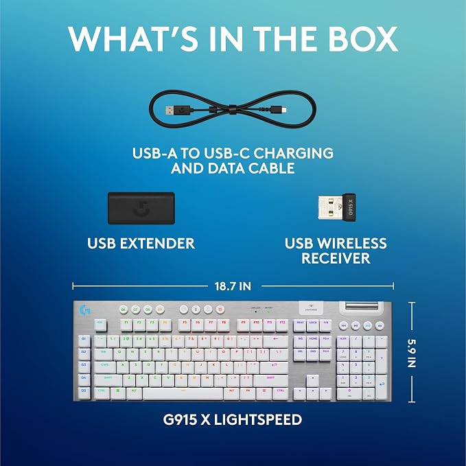 Logitech G915 X Lightspeed Wireless Gaming Keyboard (Tactile) - White | Low-Profile, Double-Shot PBT Keycaps, Fully Programmable Keys, RGB Backlighting, Sleek Aluminum Finishing, GL Brown