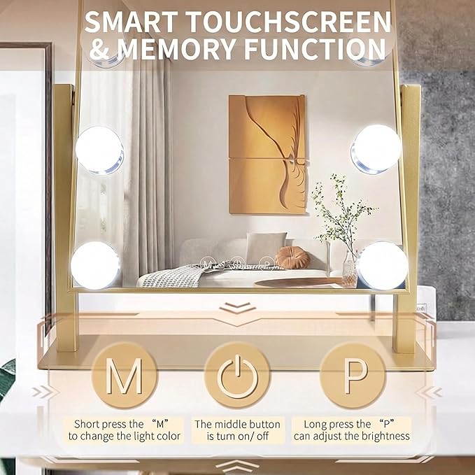 Arched Makeup Vanity Mirror with Lights 14.17"x 11.81" LED Makeup Mirror Detachable 10X Magnification, Hollywood Make Up Mirror with Lighting, Smart Touch, Rechargeable,360° Rotation, (Gold)