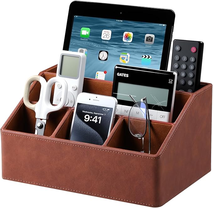 Remote Control Holder with 5 Compartments for Office Art Supplies, PU Leather Nightstand Organizer Pencil Pen Desk Caddy for Home, Desktop TV Remote Control Organizer Storage (Brown)