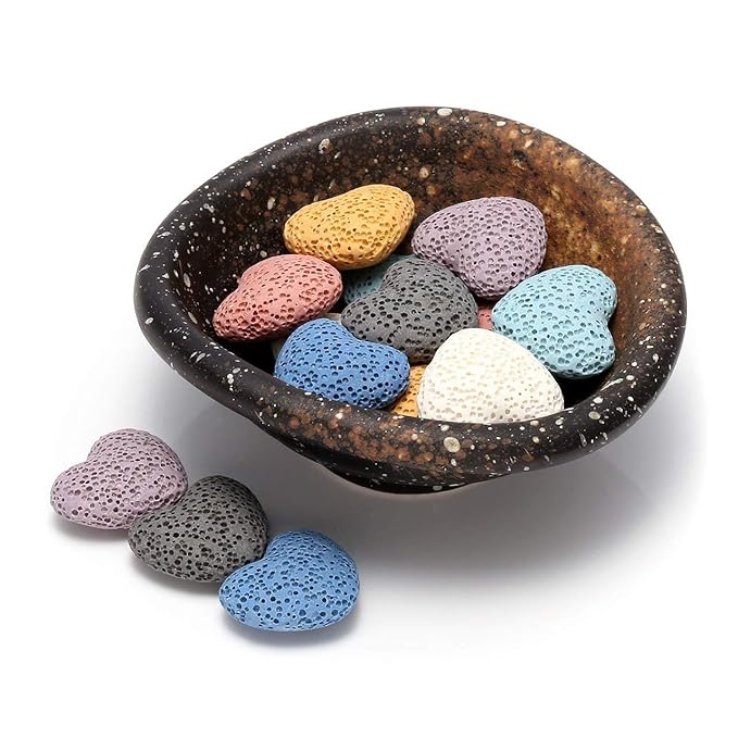 Top Plaza Lava Rock Gemstone Aromatherapy Essential Oil Diffuser Set - Oval Shape Ceramic Incense Burner/Ware/Holder/Bowl with 14Pcs Heart Lava Stone Beads