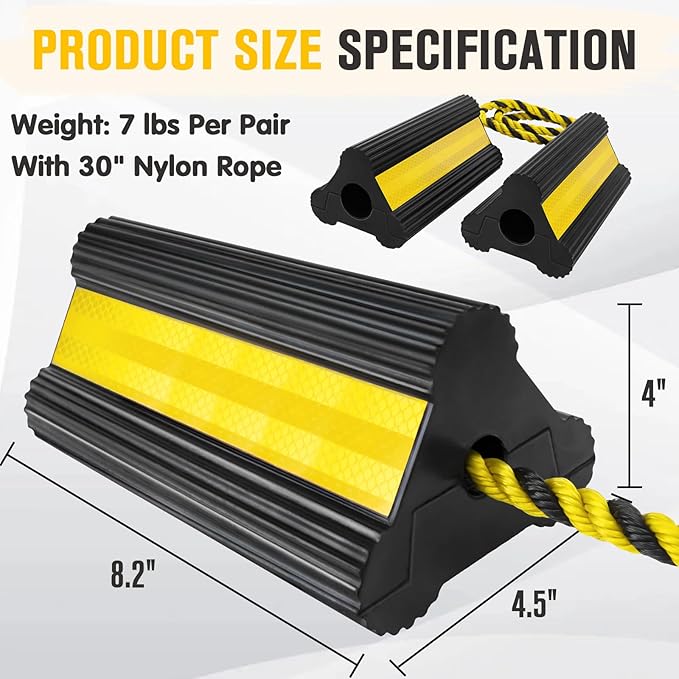CMOOD Wheel Chocks for RV Travel Trailer Camper Truck Aircraft Car, Rubber Dual Wheel Block, Non-Slip Tire Chocks with Rope, Heavy Duty Wheel Chocks with Nylon Rope Yellow Reflective Tape(4 Pack)