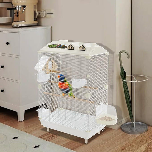 30Inch Bird Cage with Perches, Small Flight Cage with Detachable Tray 2 Tiers Iron Birdcage Freestanding Parrot Cage White for Small Medium Birds