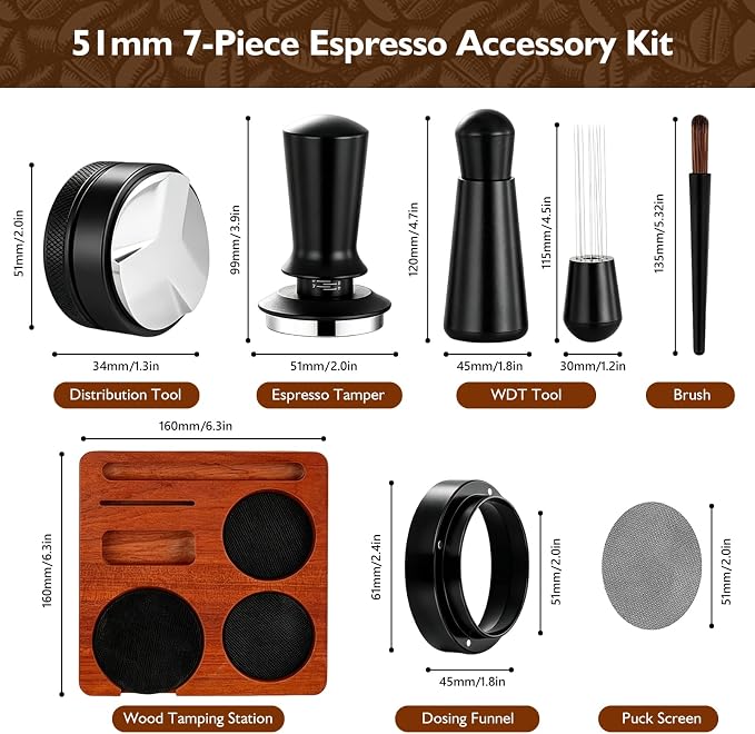 Espresso Accessories Kit 51mm, 7-Pcs Espresso Coffee Tamper Tool Set with Wooden Tamping Station, WDT Tool, Coffee Distributor, Dosing Funnel, Brush & Puck Screen for Home Barista