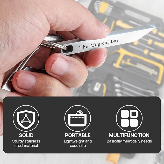 EDC Pry Bar with Carabiner, Heavy Duty Keychain Prybar Tool, Mini Stainless Steel Multi Tool, Everyday Carry for Men Women, Minimalist Tool for Opening Boxes, Turning Screws