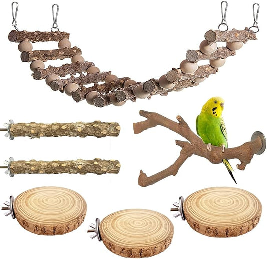 Brid Perch Stand 7PCS Natural Perches for Parakeets Include Ladder for Birds cage,Bird Cage Accessories for Parakeets, Cockatiels, Conures, Lovebirds (Nature Wood, Free Size 7pcs)
