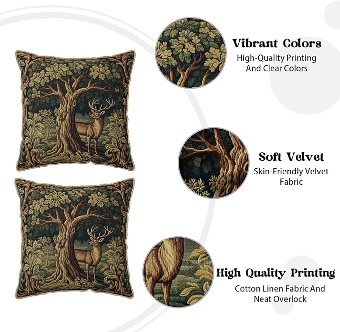 Vintage Green Deer Tree Velvet Pillow Covers 20x20 Inch Retro Reindeer Forest Throw Pillows for Couch Cushion Covers Pillowcase Boho Animal Farmhouse Pillow Cases for Sofa Bed Bedroom
