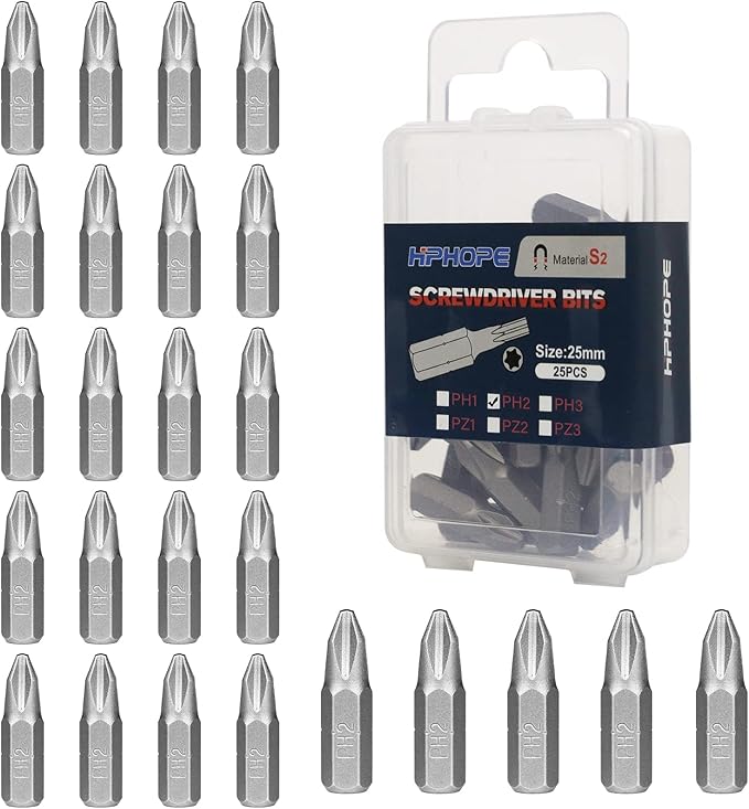 HPHOPE PH2 Screwdriver Bit Set, Phillips #2 Bits 1/4" Hexagon Bit (Length: 1", 25 Pack)