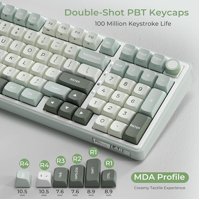 RK ROYAL KLUDGE R98 Pro Creamy Mechanical Keyboard, 96% Wired Gaming Keyboard RGB Backlit with Number Pad and Volume Knob, Gasket Mount, MDA Profile PBT Keycaps, Hot Swappable Pre-lubed Tactile Switch
