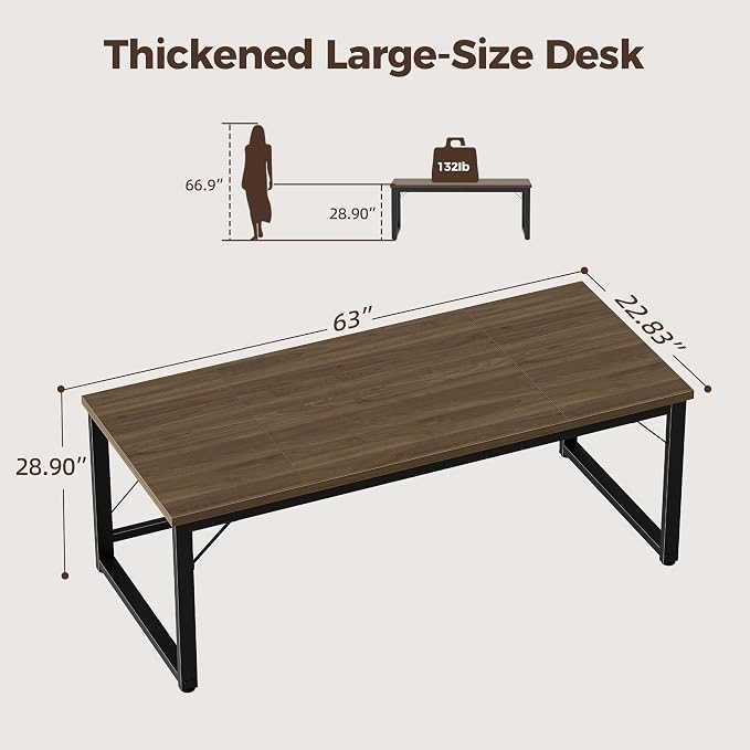 Mericonia 63 Inch Computer Desk, 1" Thick Large Office Table, Walnut | Modern Simple Style, Heavy Duty Industrial Frame, Large Study & Writing Table for Home Bedroom Work